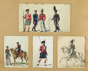Skót katonák és porosz, angol, hannoveri és orosz tisztek egyenruhája 1814-ben