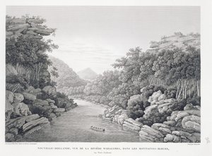 New Holland: Kilátás a Warragamba folyóra a Kék-hegységben, a „Voyage Autour du Monde (1817-20)”-ból, Louis Claude De Saulces de Freycinet (1779-1842) vésette Schroeder, megjelent 1822-24 (li)