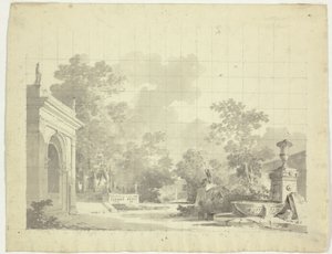 A versailles-i park látványa: urnák és romos szobrok. alkotó: Pierre Antoine Mongin