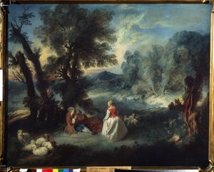 ""Lelkipásztori jelenet"" A pásztorok közötti csábítás jelenete. Pierre Antoine Quillard (1701-1733) festménye 1730 körül Puskin Múzeum, Moszkva