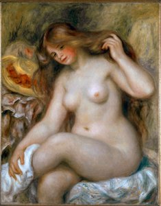 Szőke fürdőző. Meztelen nő nagyon hosszú hajjal. Pierre Auguste Renoir festménye (Pierre-Auguste