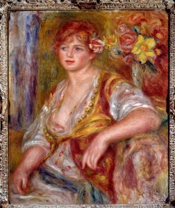 A szőkenél van a rózsa. Andree Madeleine Heuschling (1900-1979) „Dedee” becenévvel, Catherine Hesslingként ismert komikus portréja (1920-ban ment férjhez Jean Renoirhoz). Pierre Auguste Renoir (1841-1919) festménye, 1915 körül. Olaj, vászon. Francia Impres alkotó: Pierre Auguste Renoir