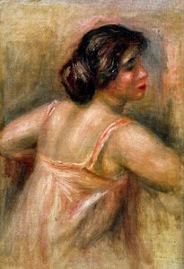 Háromnegyedes nő. Rózsaszín kezeslábast visel, és a haját kontyba fogva hordja. Pierre Auguste Renoir (1841-1919) festménye. Olaj, vászon. Magángyűjtemény.