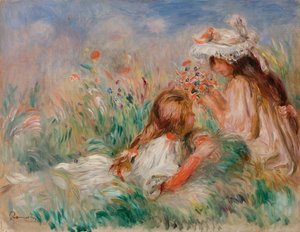 Lányok a fűben csokrot rendeznek alkotó: Pierre-Auguste Renoir