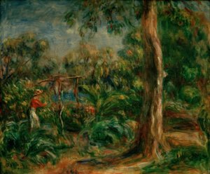 A nagy fa. Nő piros míderrel a ca kertben alkotó: Pierre Auguste Renoir