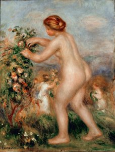 Óda a virágokhoz. A meztelen nőnek, aki rózsát csinál, van egy rózsafája. Pierre Auguste Renoir festménye (Pierre-Auguste