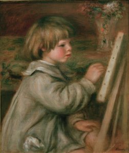Claude Renoir portréja festmény. Claude a festőállványnál alkotó: Pierre Auguste Renoir