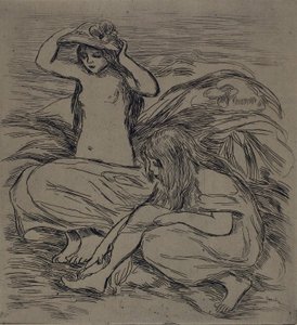 Két fürdőző nő, 1895 körül (metszet barnás vattára) alkotó: Pierre Auguste Renoir