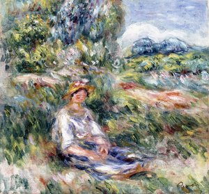 Fiatal nő ül a réten, alkotó: Pierre Auguste Renoir