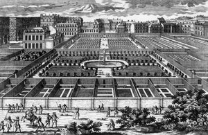 Kilátás a versailles-i konyhakertre XIV. Lajos korában, Aveline metszet alkotó: Pierre Aveline