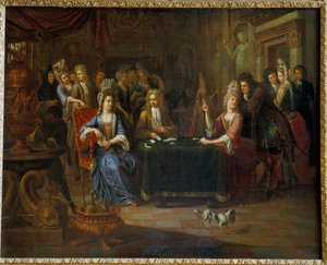 Nemes kártyajátékosok kártyáznak a nappaliban. Pierre Bergaigne (1652-1708) festménye 1699 Arras, Musee Des Beaux Arts alkotó: Pierre Bergaigne