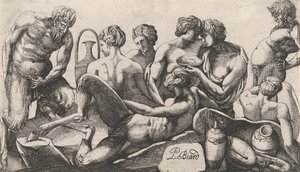 Nyolc szatír és szatírnő befejezi az étkezést, 1607-61. alkotó: Pierre Biard