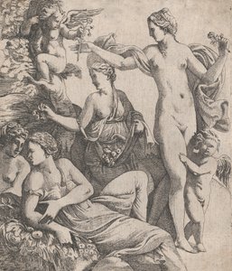 A három gráciával álló Vénusznak felajánlanak egy puttó virágot, 1607-61. alkotó: Pierre Biard