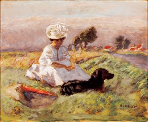 Madame Bonnard A festő felesége az összecsapásban ül a kutyájával. Pierre Bonnard festménye alkotó: Pierre Bonnard