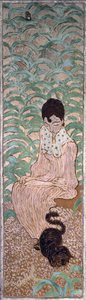 Ülő nő macskával, a Nők a kertben négy panel egyike, 1891 (olaj, papír, vászon) alkotó: Pierre Bonnard