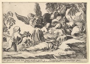 Angyalok gyümölcsöt adnak az alvó szent családnak, 1610-42. alkotó: Pierre Brebiette