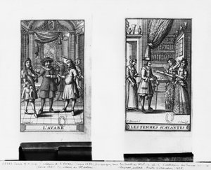 Moliere mint Harpagon, a "The Miser" (1668) és a "Tanult hölgyek" (1672) előlapja, Moliere (1622-73) Jean Sauve (fl.1660-91) metszete, 1682-ben Párizsban kiadott (sz.