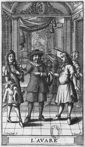 Moliere mint Harpagon, előlapi illusztráció Moliere „A fösvény” című művéből, vésette Jean Sauve (fl.1660-91) 1682-es kiadás