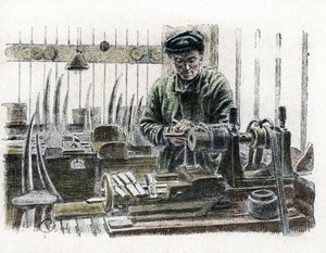 Egy elefánt agyarakat faragó elefántcsont-munkás a műhelyében, aki elefánt-agyarat farag (Elefántcsont-agyarat farag) Gravírozás a „” Excursion a travers les metiers” című könyvéből, Pierre Calmette Collection privee