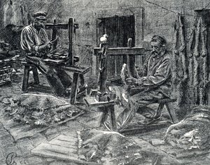 Kézművesek a báránybőrt meghúsítva. Metszet a Pierre Calmette magángyűjtemény „Excursion a travers les metiers” című könyvéből alkotó: Pierre Calmettes