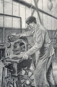 Puskatusok vágása fegyvergyárban Gravírozás Pierre Calmette Magángyűjteményből alkotó: Pierre Calmettes