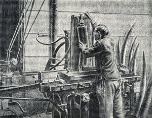 Elefántcsont kézműves elefánt agyarakat vágott Metszet a Pierre Calmette magángyűjtemény „Excursion a travers les metiers” című könyvéből