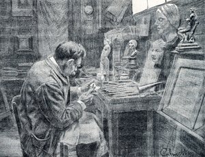 Elefántcsont-munkás elefántcsontot farag vésőkkel, kaparókkal és vájtokkal. Metszet a Pierre Calmette magángyűjtemény „Excursion a travers les metiers” című könyvéből