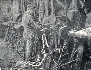 Bőripar: mechanikus szőrmenyírás. Metszet a Pierre Calmette Magángyűjtemény „Excursion a travers les metiers” című könyvéből