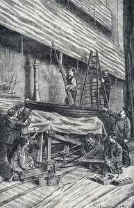 Ingatlanmesterek: színpadi díszletek felállítása az előadás előtt Gravírozás a Pierre Calmette magángyűjtemény „Excursion a travers les metiers” című könyvéből alkotó: Pierre Calmettes