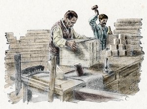 Savonnerie: le découpage des breads de soap (szappandarabok gyártása) Gravírozás a Pierre Calmette „Kirándulás a szakmák között” című könyvéből Magángyűjtemény alkotó: Pierre Calmettes
