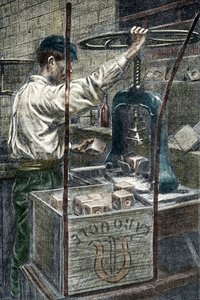 Szappangyár: a szappanmárka bélyegzése. Gravírozás az „Excursion a travers les metiers”-ből, Pierre Calmette Magángyűjtemény
