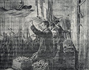 Aubusson gobelin: a kárpitosok fejjel lefelé dolgoznak Gravírozás a Pierre Calmette Collection privee „Excursion a travers les metiers” című könyvéből