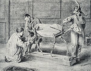 Taxidermia: taxidermisták készítik elő a mesterséges csontvázat a műhelyben Gravírozás a Pierre Calmette Collection privee „Excursion a travers les metiers” című könyvéből