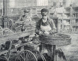 A bicikli küllőit a gyártás során a felnihez rögzítő munkások (kerékpárok gyártása) Gravírozás a Pierre Calmette Magángyűjteményből alkotó: Pierre Calmettes