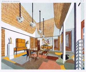 Ebédlő gyarmati stílusban, az „Interiors and Colours” című könyvből, 1925-ben (színes litho)