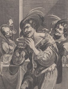 Az ember levest iszik, miközben két ember nézi, 1624-75.