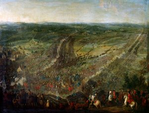Augsburgi Liga háborúja: „” Fleurusi csatát a luxemburgi marechal nyert az Egyesült Tartományok (Egyesült Tartományok), a Birodalmak, Spanyolország és Nagy-Britannia koalíciójának fegyverei ellen 1690.07.01-én”” Festmény Pierre Denisnek tulajdonítják alkotó: Pierre Denis (attr.to) Martin