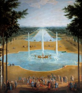 Kilátás az Apollo-medencére és a Versailles-i Grand Canalra 1713-ban, az előtérben: XIV. Lajos király (1638-1715) sétánya 1713 körül Pierre Denis Martin (1663-1742) Sun festményének részlete. 2,6x1,3 m alkotó: Pierre Denis Martin