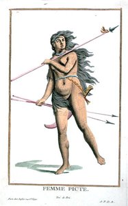 Egy piktish nő a "Receuil des Estampes, Representant les Rangs et les Dignites, suivant le Costume de toutes les Nations existantes" című, 1780-ban megjelent kiadványból (kézzel színezett metszet). alkotó: Pierre Duflos
