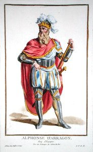 V. Alfonz (1396-1458) Aragónia és Szicília királya, a "Recueil des Estampes, representant les Rangs et les Dignites, suivant le Costume de toutes les Nations existantes" című, 1780-ban megjelent kiadványból (kézi színezett metszet). alkotó: Pierre Duflos