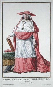 Dominique de la Rochefoucauld bíboros (1712-1800) a Receuil des Estampesből, a rangokat és a méltóságokat képviselő, az összes létező nemzet viselete szerint, 1780-ban (kézzel színezett metszet) alkotó: Pierre Duflos