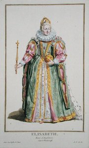 I. Erzsébet (1530-1603) a Receuil des Estampesből, a rangokat és a méltóságokat képviselő, az összes létező nemzet viselete szerint, 1780-ban (kézzel színezett metszet) alkotó: Pierre Duflos