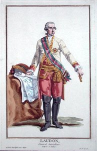 Laudon tábornok (1717-90) a „Receuil des Estampes, Representant des Rangs et des Dignites, az összes létező nemzet jelmezei szerint”, 1780-ban megjelent (kézzel színezett metszet) alkotó: Pierre Duflos