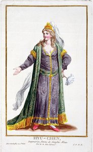 Hyu-Chen, Dzsingisz kán felesége, a Receuil des Estampes-ből, a rangokat és a méltóságokat képviselő minden létező nemzet jelmeze szerint, 1780-ban (kézzel színezett metszet)