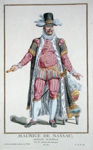 Maurice nassaui herceg (1567-1625), a Holland Köztársaság városháza, a "Receuil des Estampes, representant les Rangs et les Dignites, suivant le Costume de toutes les Nations existantes" című, 1780-ban megjelent kiadványból (kézzel színezett metszet). alkotó: Pierre Duflos