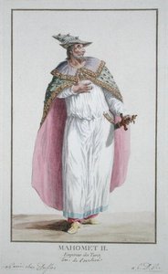 II. Mahomet szultán (1432-81) a Receuil des Estampesből, a rangokat és a méltóságokat képviselő, az összes létező nemzet viselete szerint, 1780-ban (kézzel színezett metszet) alkotó: Pierre Duflos