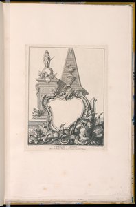 Cartouche trófeákkal, szoborral és piramissal