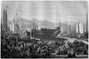 Boat des Fleurs, étterem és szórakozóhely Sanghaj kikötőjében 1860-ban, Kínában. Grandsire metszete, a „Le Tour du Monde, Nouveau Journal des Voyages” című kiadványban, szerkesztette: Edouard Charton, Párizs