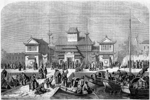 Vámnézet a sanghaji kikötőben 1860-ban, Kína. Grandsire metszete, a „Le Tour du Monde, Nouveau Journal des Voyages” című kiadványban, szerkesztette: Edouard Charton, Párizs