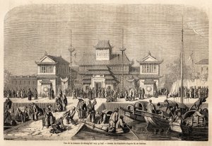 A sanghaji vámépület, Grandsire rajza Moges márki 1857-1858-as kínai és japán utazásának illusztrálására. Metszet a „” Le tour du monde, nouveau Journal des voyages”” Párizsban